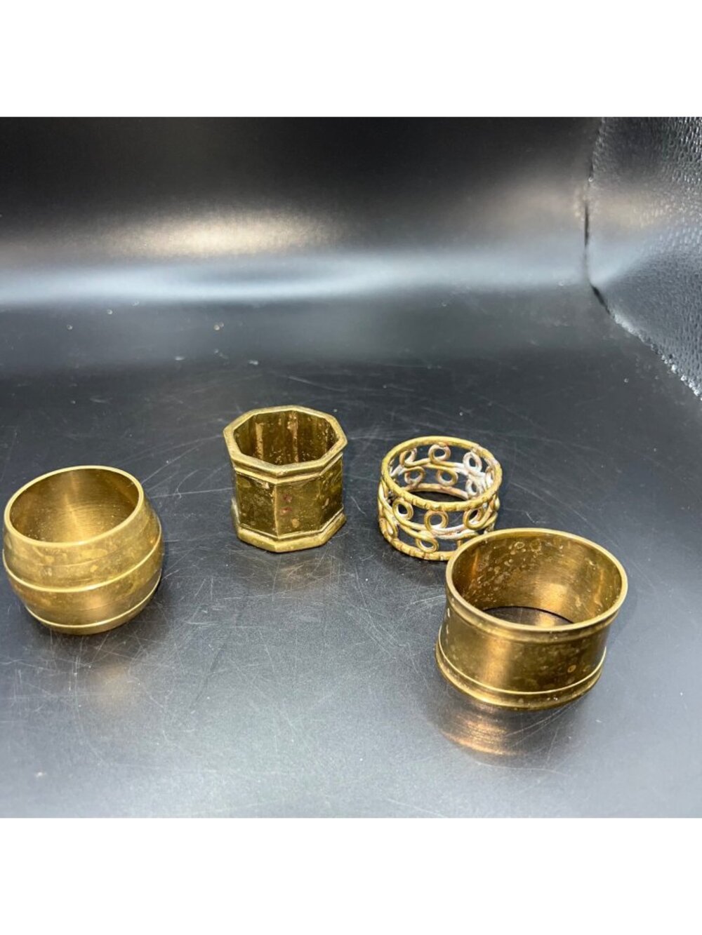 Brass Napkin Rings Vintage Set Of 4 Elegant Designs Patina Finish